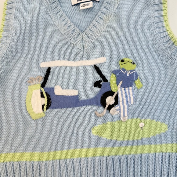 Hartstrings Frog Golf Cart Sweater Vest 3-6M • Blue Knit Cotton Preppy Golf Baby - Picture 2 of 9